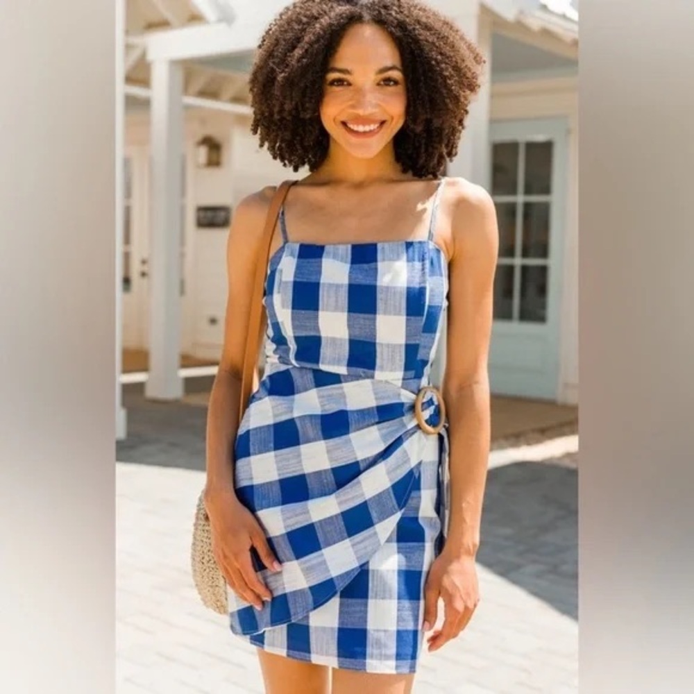Altar'd State Blue and White Gingham Asymmetrical Wrap Mini Dress